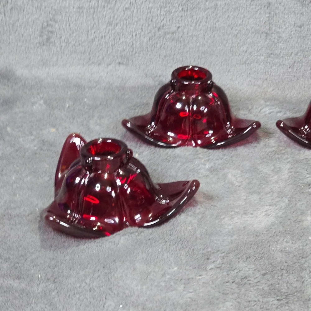 Vintage Ruby Red Glass Flower Candle Holders Set of 4 Star Shape Retro Decor